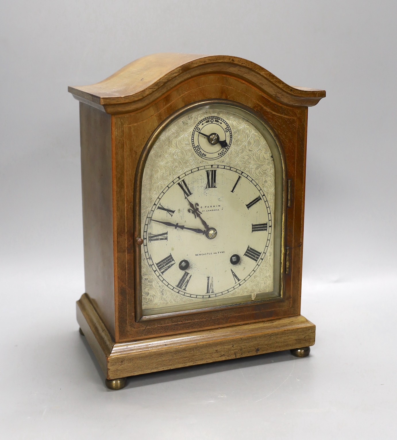 A mahogany mantel clock by G. Parkin of Newcastle. 28cm high